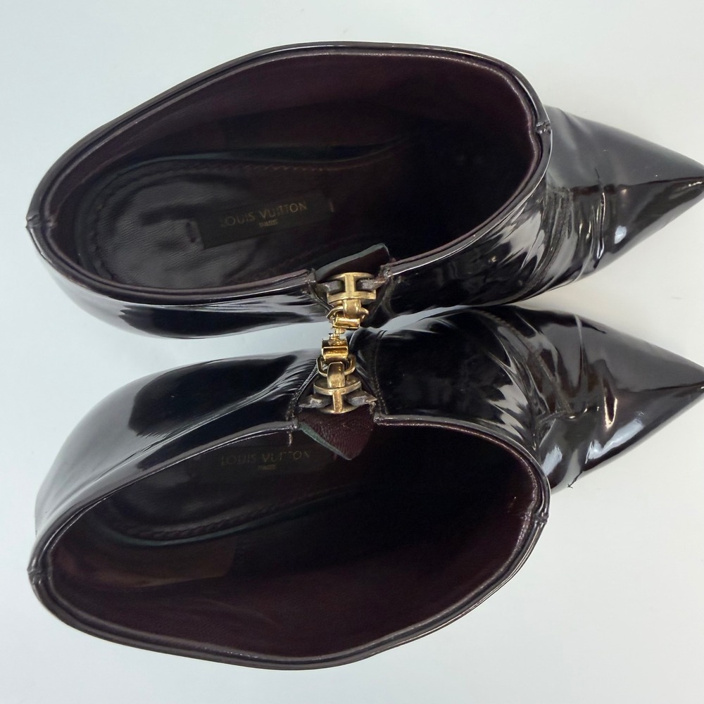 Louis Vuitton Patent Leather Ankle Boots 36.5 Black Pointed Gold‎ Zip Heels - Picture 8 of 12